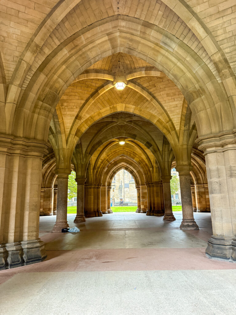 The cloisters at Glasgow University, one of the top things to see in Glasgow