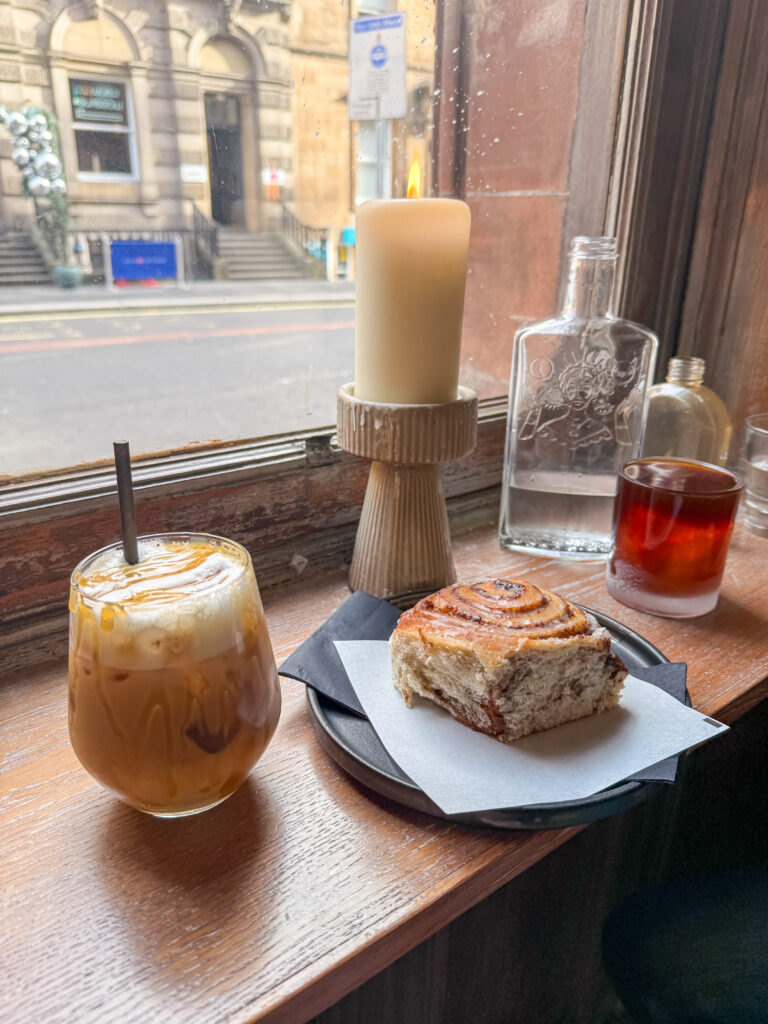 Coffee and a cinnamon bun at the Devil's Roast in Glasgow